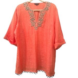Land's End 100% Linen Coral Tunic Top Embellished Coastal Relaxed Resort Size 1X